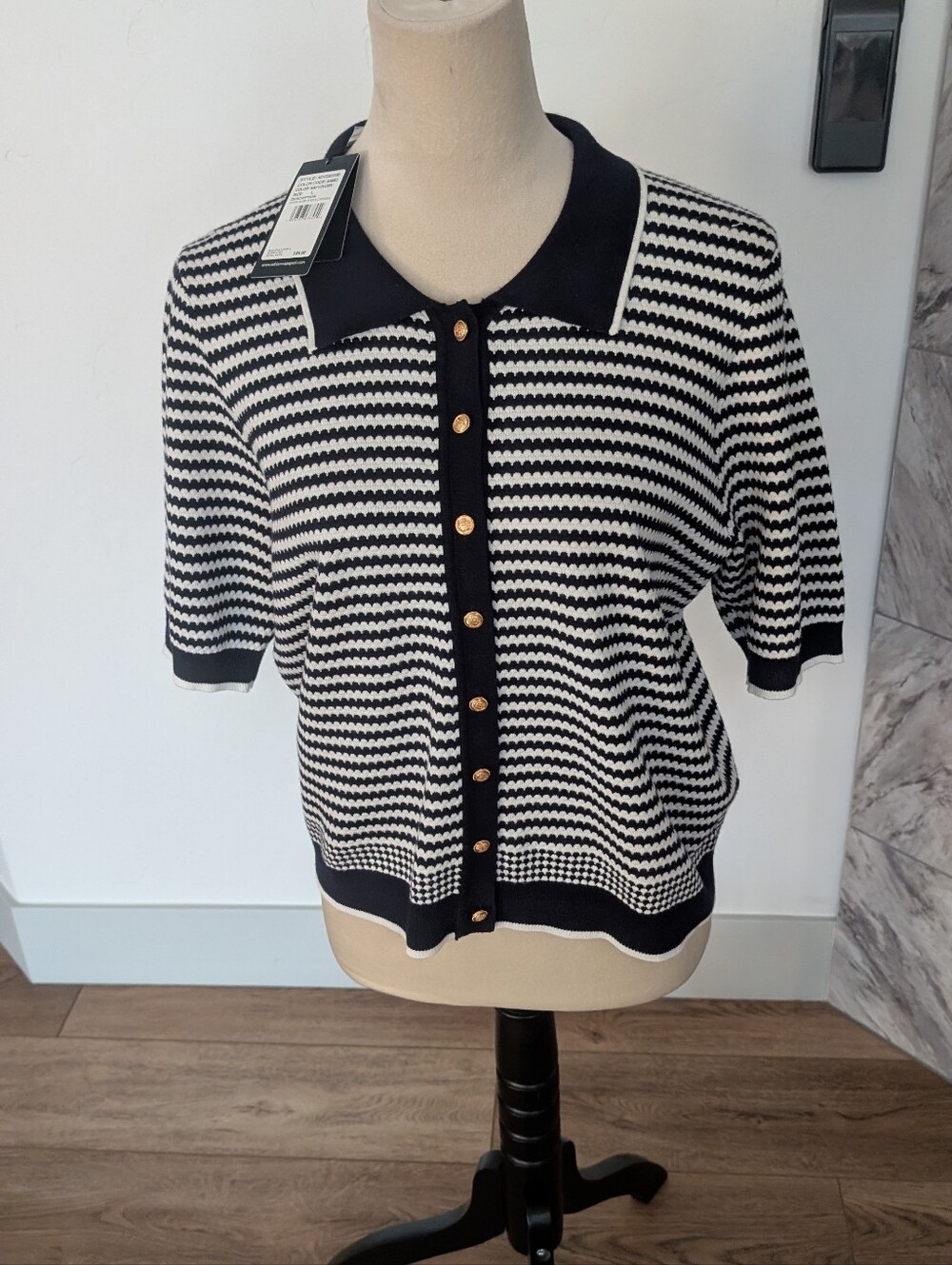 Adrianna Papell Navy and Ivory Striped Short Sleeve Cardigan - Picture 1 of 11